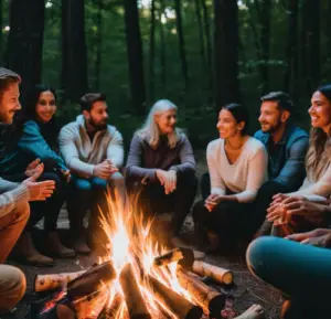 Group of people sitting around camp fire telling ghosts stories